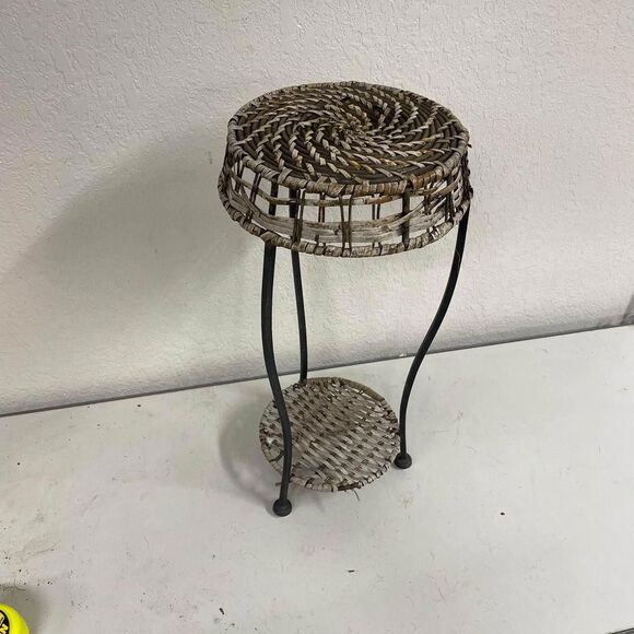 Beautiful Woven Wicker Style Round Plant Stand With Two Shelves Curved Legs - Picture 1 of 5